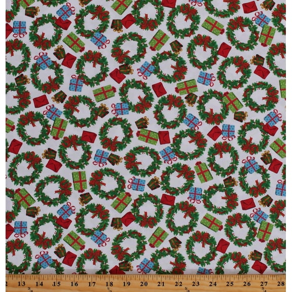 Cotton Snowy Christmas Holidays Presents Wreathes Frosty Friends White Cotton Fabric Print by the Yard (1649-27683-Z)