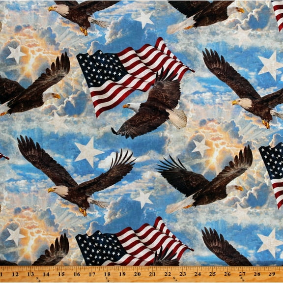 Cotton Soaring Eagles American Flags USA Patriotic Independence Day Stars & Stripes Blue Cotton Fabric Print by the Yard (DP24281-44BLUEMULTI)