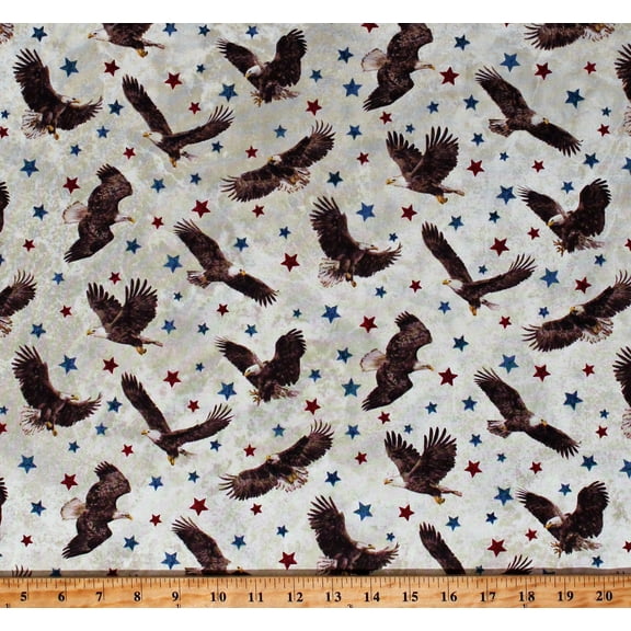 Cotton Soaring Eagles Patriotic USA American Stonehenge Stars & Stripes Cream Cotton Fabric Print by the Yard (25415-11)