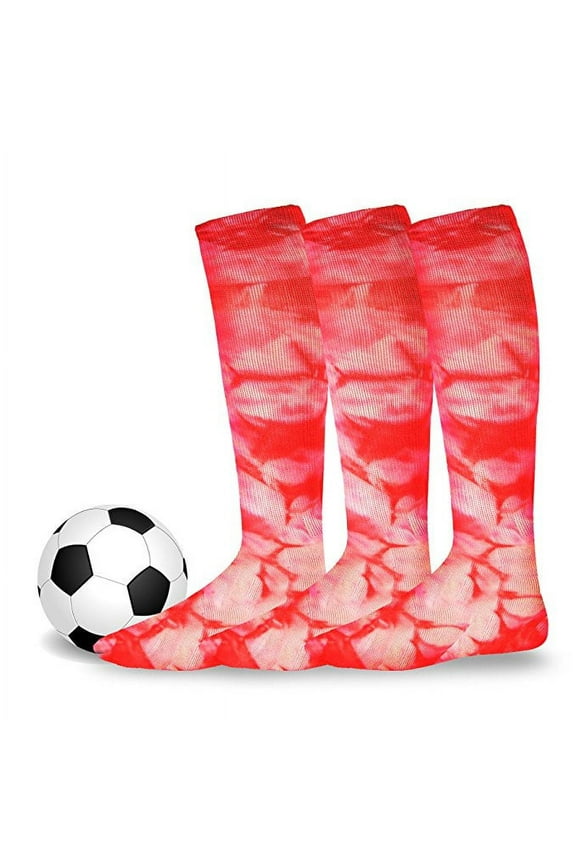Cotton Soccer Sports Team Socks 3-Pair for Unisex Youth to Adult (Junior (7-9), Tie Dye Red)