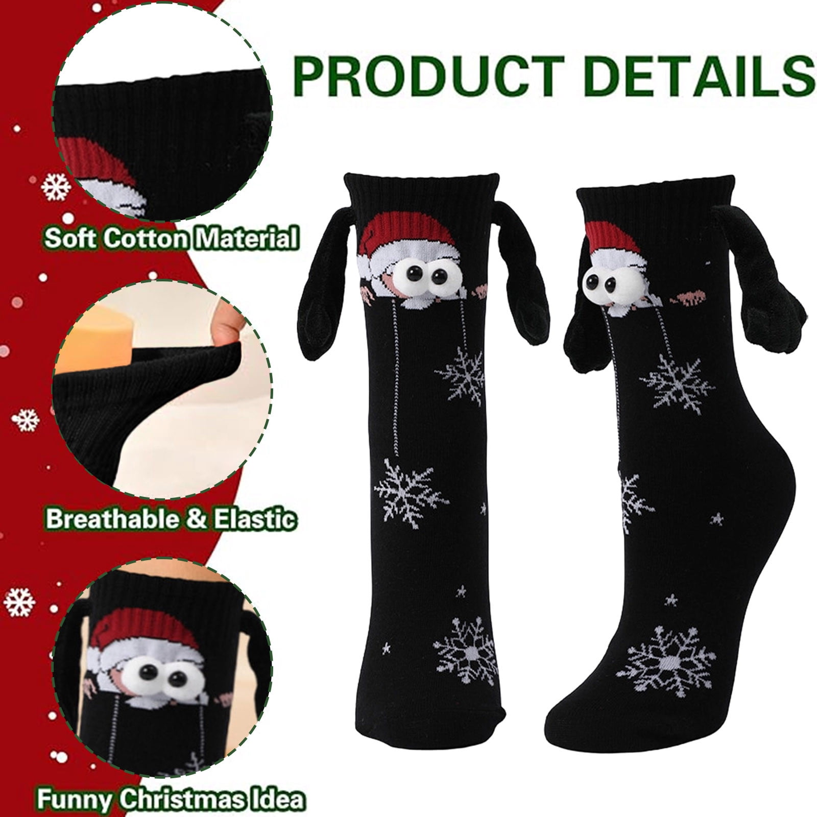 Cotton Sock Christmas Socks Magnetic Hand Holding Socks Funny Christmas Stocking Stuffers Santa Gag for Women Men Black Free Size