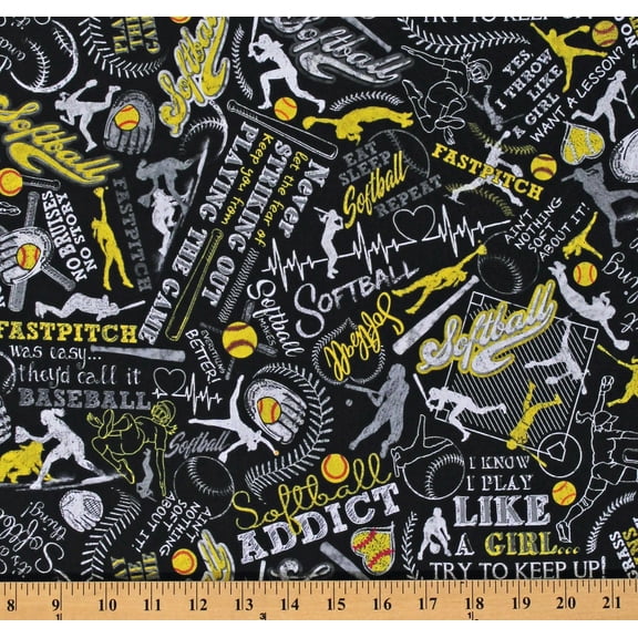 Cotton Softball Sports Bats Gloves Balls Words Scripts Phrases Writing Black Cotton Fabric Print by the Yard (SPORT-CD1694-BLACK)