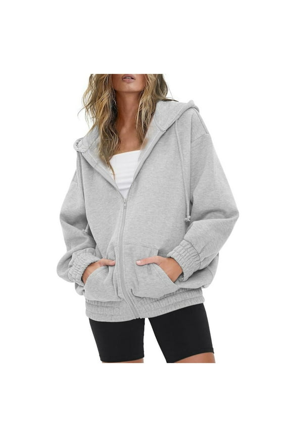 Cotton Solid Hoodie Jackets for Women Full Zip Casual Loose Spring Fall Winter Sweatshirt Lightweight Sports Coat (X-Large, Gray)
