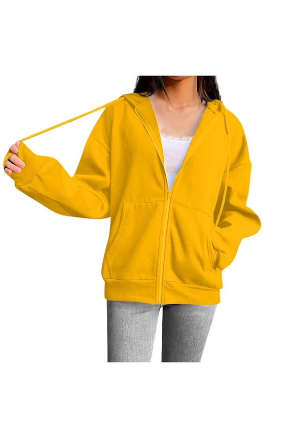 Cotton Solid Hoodie Jackets for Women Full Zip Casual Loose Spring Fall Winter Sweatshirt Lightweight Sports Coat (X-Large, Yellow)