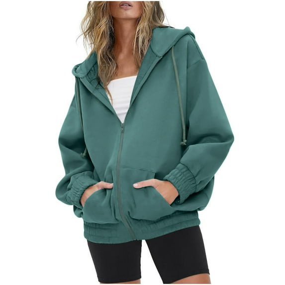 Cotton Solid Hoodie Jackets for Women Full Zip Casual Loose Spring Fall Winter Sweatshirt Lightweight Sports Coat (XX-Large, Green)