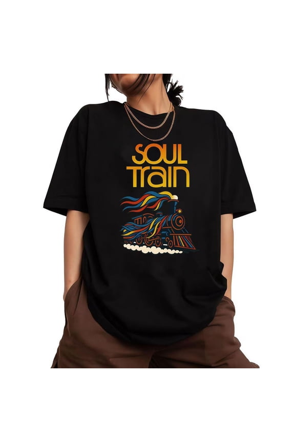 Cotton Soul Train Graphic Tee T Shirt Top Colorful Locomotive Design Short Sleeve Crew Neck Vintage Black S-5XL