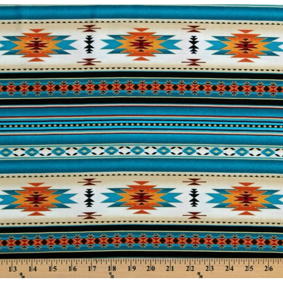 Cotton Southwest Tuscon Metallic Aztec Turquoise Cotton Fabric Print by the Yard (M201TURQUOISE)