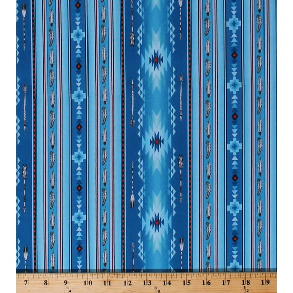 Cotton Southwestern Aztec Blue Stripes Feathers Arrows Southwest Patterned Native Spirit Cotton Fabric Print by the Yard (530BLUE)