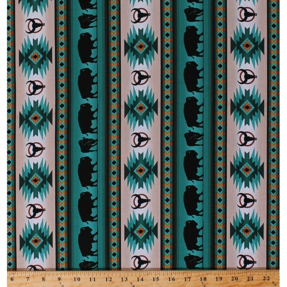 Cotton Southwestern Aztec Buffalo Bison Wildlife Tucson 485 Turquoise Stripes Striped Cotton Fabric Print by the Yard (485TURQUOISE)