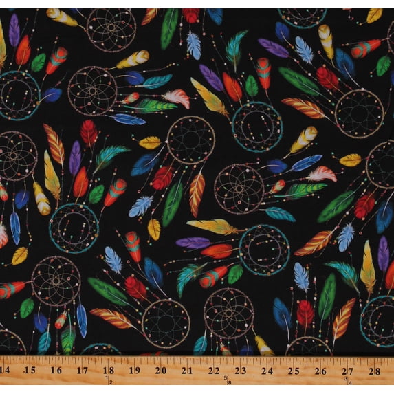 Cotton Southwestern Dreamcatchers Beaded Feathers Native Black Cotton Fabric Print by the Yard (1649-28293-J)