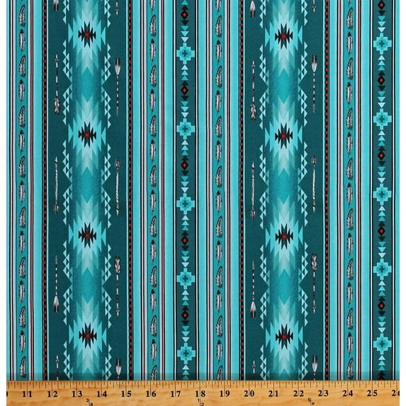 Cotton Southwestern Stripe Arrows Feathers Aztec Tribal Designs Native Spirit Turquoise Cotton Fabric Print by the Yard (530TURQUOISE)