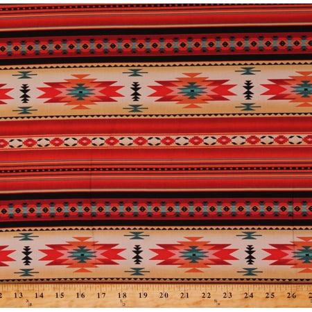 Cotton Southwestern Stripe Arrows Feathers Aztec Tuscon Tribal Designs Native Spirit Red Cotton Fabric Print by the Yard (201RED)