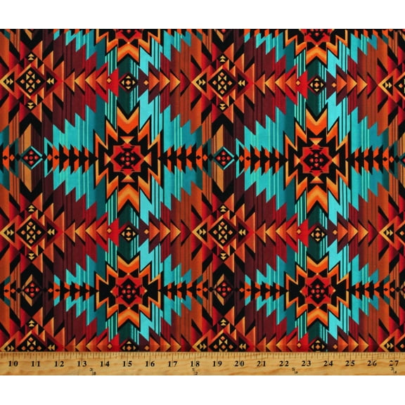 Cotton Southwestern Stripe Geometric Tribal Teal Orange Rust Red Cotton Fabric Print by the Yard (WEST-CD7510-TEAL)