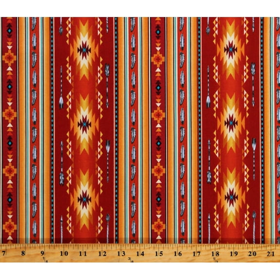 Cotton Southwestern Stripes Feathers Arrows Orange Yellow Gold Turquoise Tribal Native Spirit Cotton Fabric Print by the Yard (530TERRACOTTA)