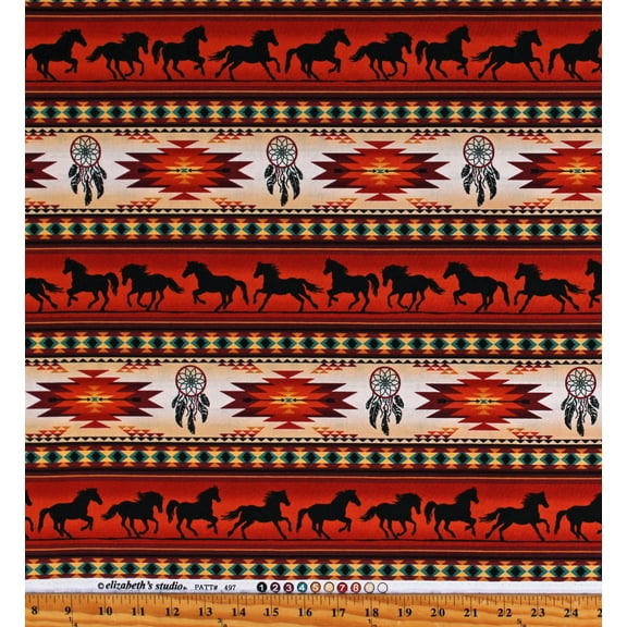 Cotton Southwestern Stripes Horses Dreamcatchers Tribal Designs Tucson Rust Orange Cotton Fabric Print by the Yard (497TERRACOTTA)