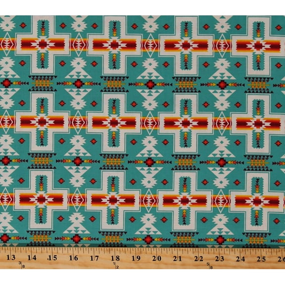 Cotton Southwestern Stripes Tribal Designs Crosses Aztec Tucson Turquoise Cotton Fabric Print by the Yard (468TURQUOISE)