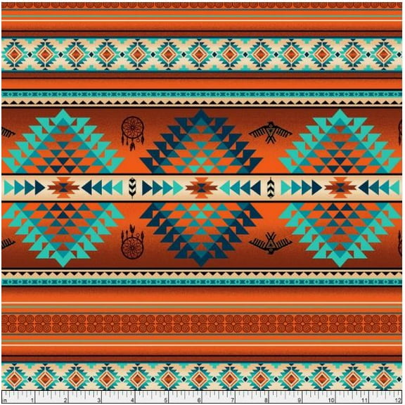 Cotton Southwestern Stripes Tribal Designs Dreamcatchers Feathers Tucson Copper Elizabeth Studios Cotton Fabric Print by the Yard (536-copper)