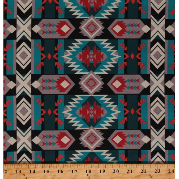 Cotton Southwestern Tribal Geometric Stripes Turquoise Gray Rust Red Desert Grid Cotton Fabric Print by the Yard (DX-3494-2C-3TEAL)