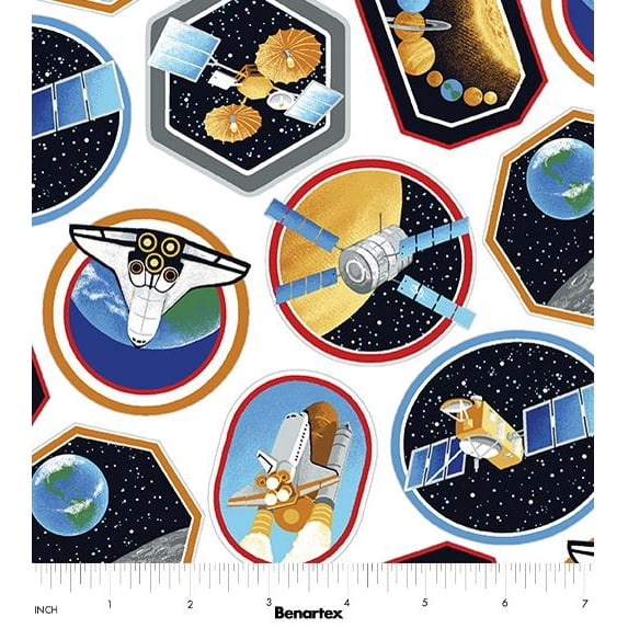 Cotton Space Race Space Shuttle Planets Earth Moon Benartex 56" Wide Cotton Fabric Print by the Yard (3384W09B)