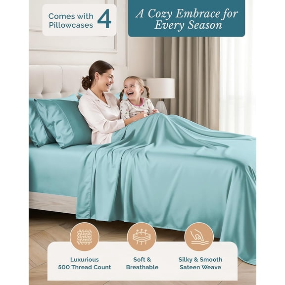 Cotton Split King Sheet Set - 500 TC, 7 Pcs - Soft & Comfy Luxury Hotel Split King Bed Sheet Set for Adjustable Beds, Minimal Pilling, Fully Elasticized with Deep Pockets - Blue Sky