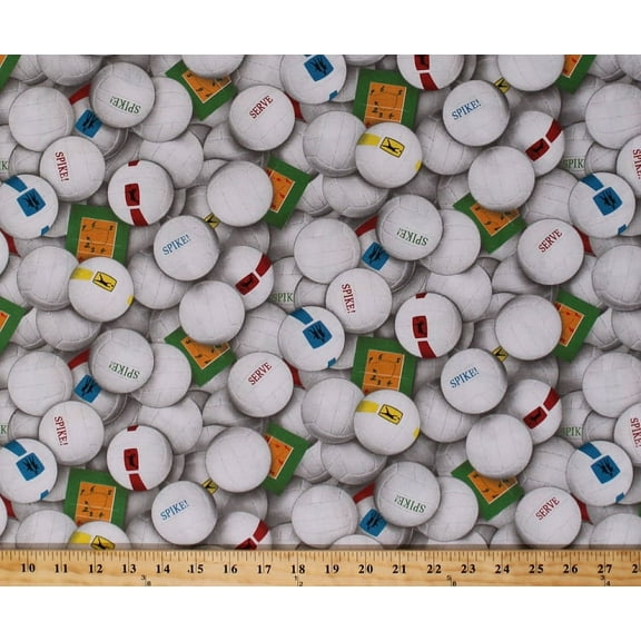 Cotton Sports Volleyball Balls Spike Serve Fabric Print by the Yard Sport 216-White