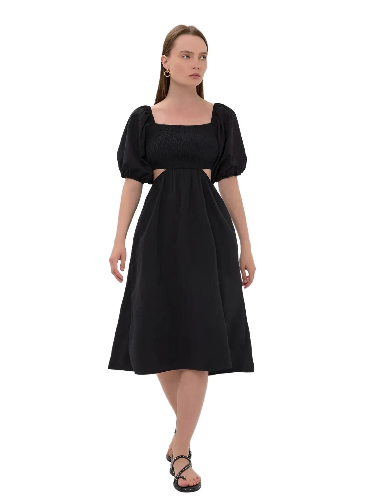 SQUARE NECK FRONT TIE CORSET DETAIL MIDI DRESS main image 1