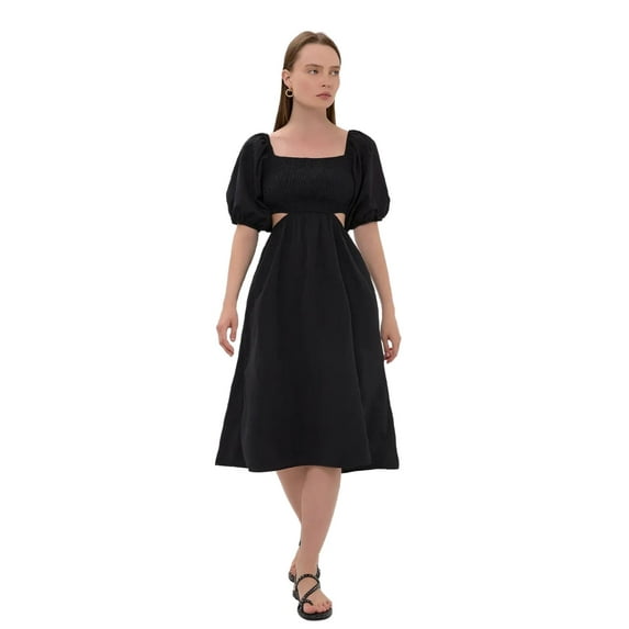 Cotton Square-Neck Midi Dress with Waist Detail