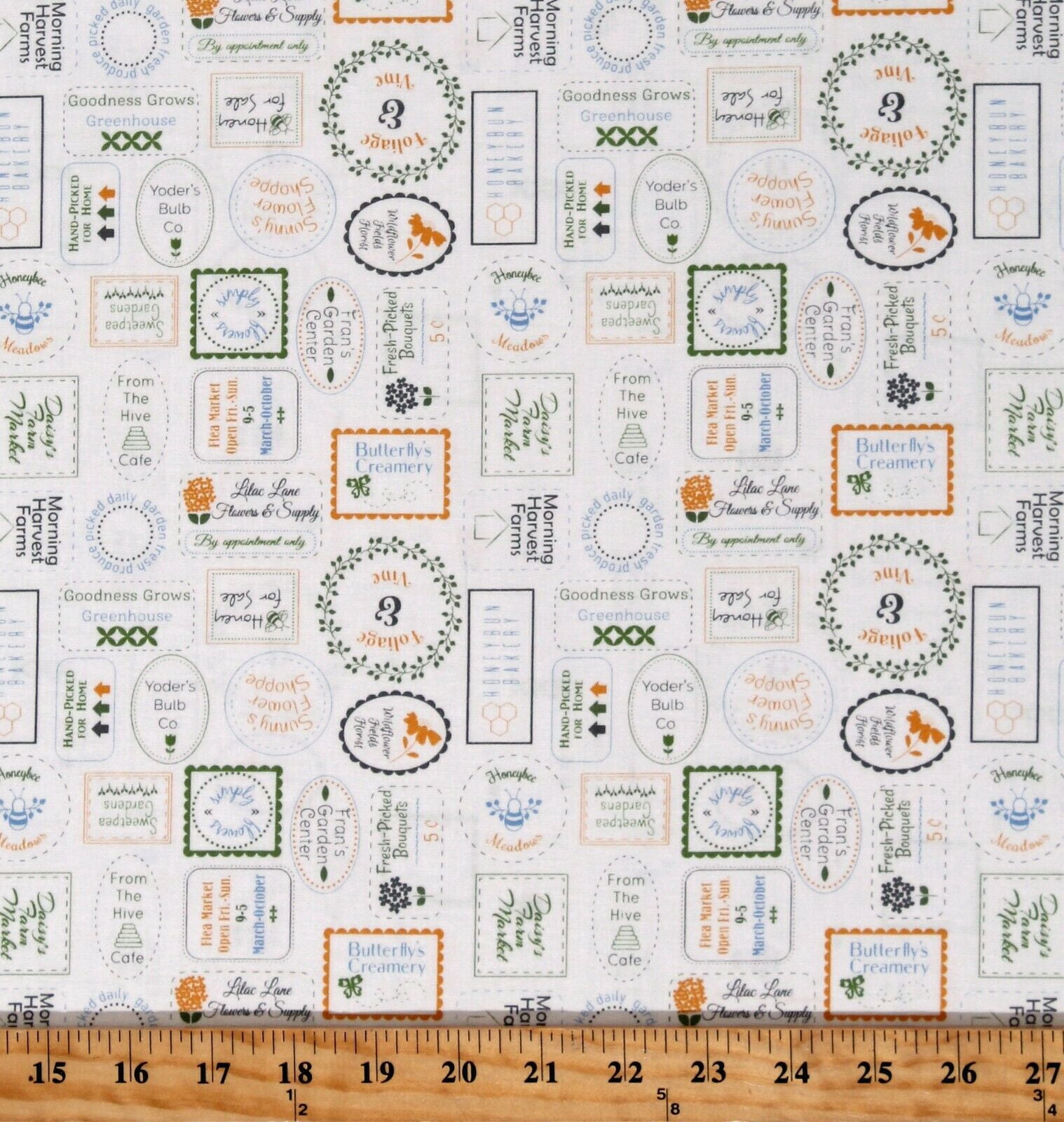 Springbrook Fabric Cotton Stamps Companies Produce Groceries Brands Spring Brook White ...