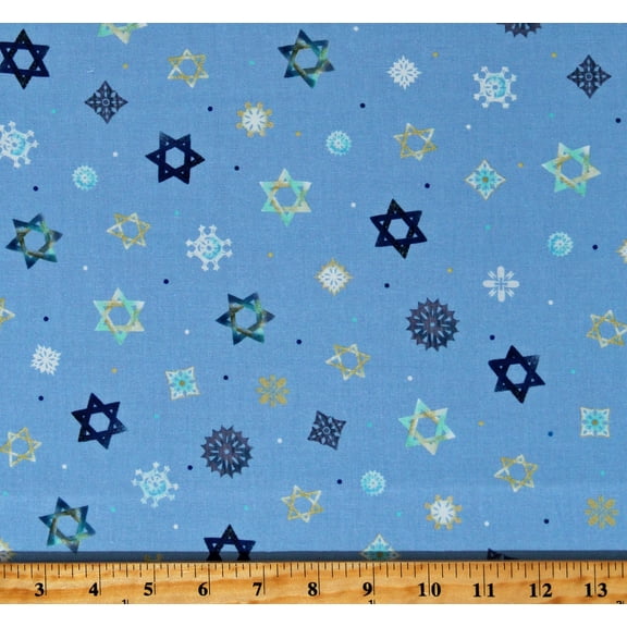 Cotton Star of David Hanukkah Snowflakes Love & Light Winter Stars Blue Cotton Fabric Print by the Yard (1649-28794-B)