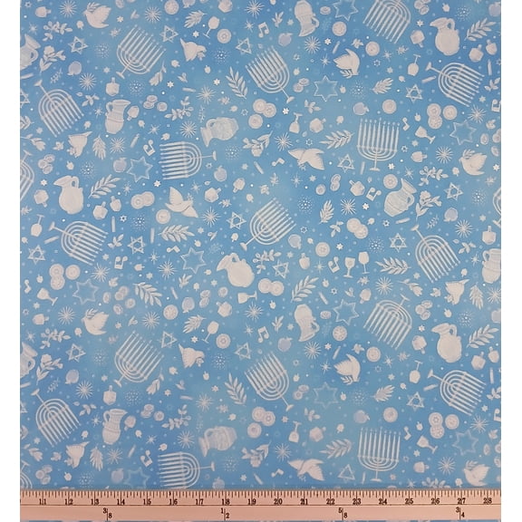 Cotton Stars or Light Hanukkah Holiday Menorahs Silver Metallic Robert Kaufman Cotton Fabric Print by the Yard (SRKM-20735-289)