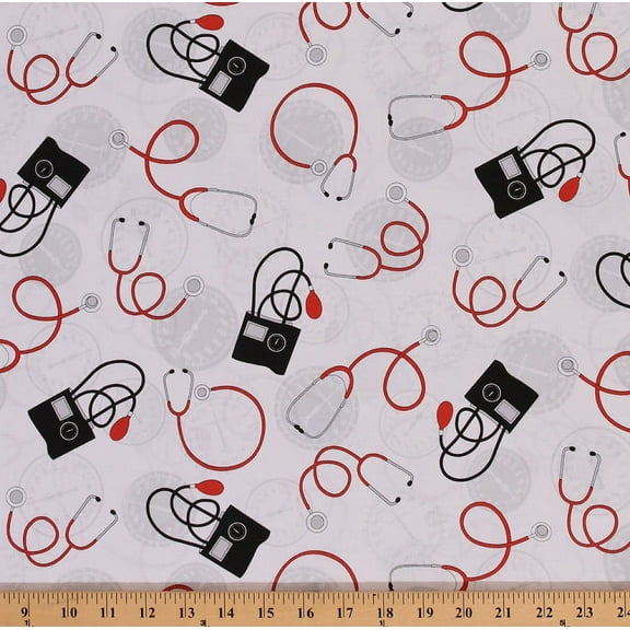 Cotton Stethoscope Medical Equipment Blood Pressure Gauge Calling All Nurses Cotton Fabric Print by the Yard (37304-2)