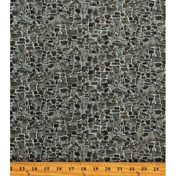 Cotton Stones Grey Stone Wall Pavement Stones Rocks Landscape Building Masonry Stonework Naturescapes Basics Flagstone Dark Gray Cotton Fabric Print by the Yard (25495-95)