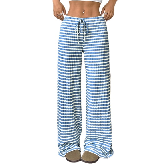 Cotton Straight Leg Pants for Women Drawstring Trousers with Stripe Pattern and Elastic Waist Shopping Travel Pants