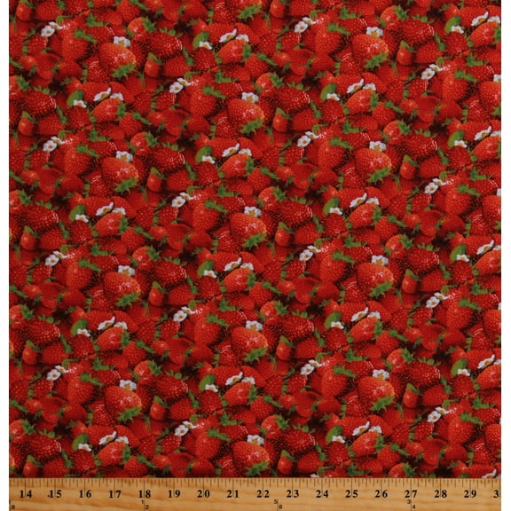 Cotton Strawberries Strawberry Blossoms Fruit Berries Food Kitchen Summer Berry Good Red Cotton Fabric Print by the Yard (155RED)
