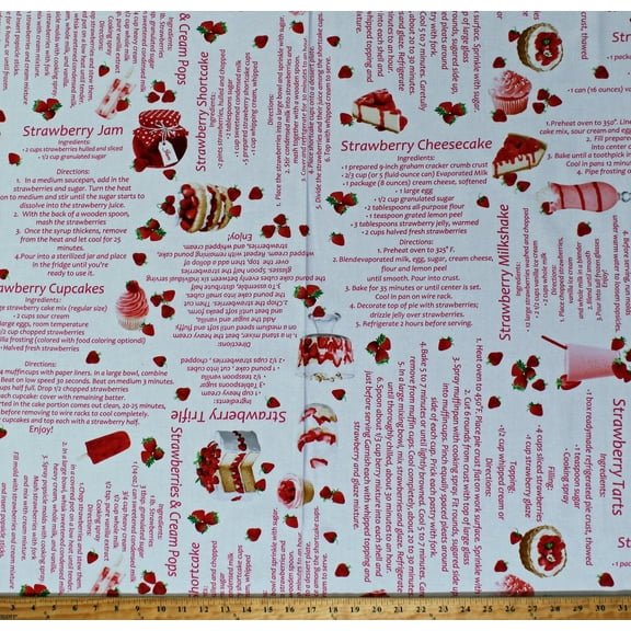 Cotton Strawberry Fields Forever Desserts Shortcake Trifle Cream Pops Jam Food Fruit White Cotton Fabric Print by the Yard (09772-09)