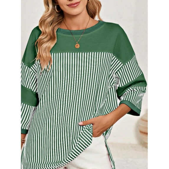 Cotton Stripe Color Block Half Quarter Sleeve Top