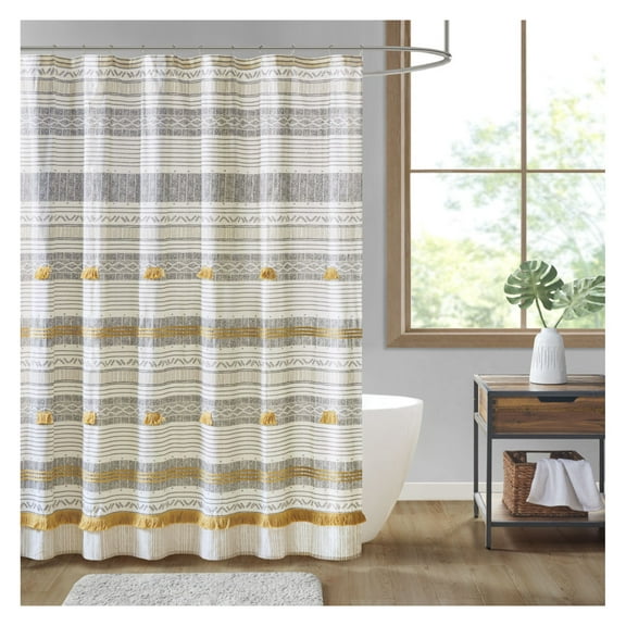 Cotton Stripe Printed Shower Curtain with Tassel