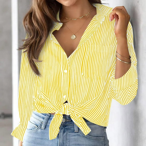 Cotton Striped Button Down Shirt for Women Little Oversized Long Sleeve Blouses Dress Shirts Work Tops Yellow XL