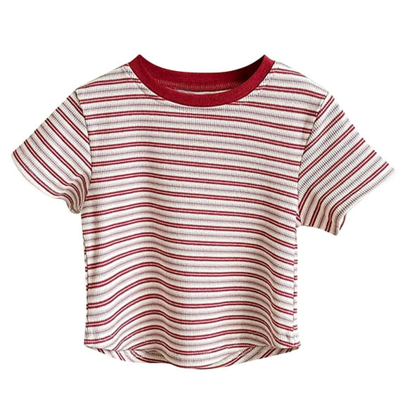 Cotton Striped Crop Tops Girls Soft Cotton Knit Crew Neck Summer Cute Tees Curved Hem Casual Tshirts (1T, Red)