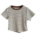 thumbnail image 1 of Cotton Striped Crop Tops Girls Soft Cotton Knit Crew Neck Summer Cute Tees Curved Hem Casual Tshirts (4T, Brown), 1 of 4