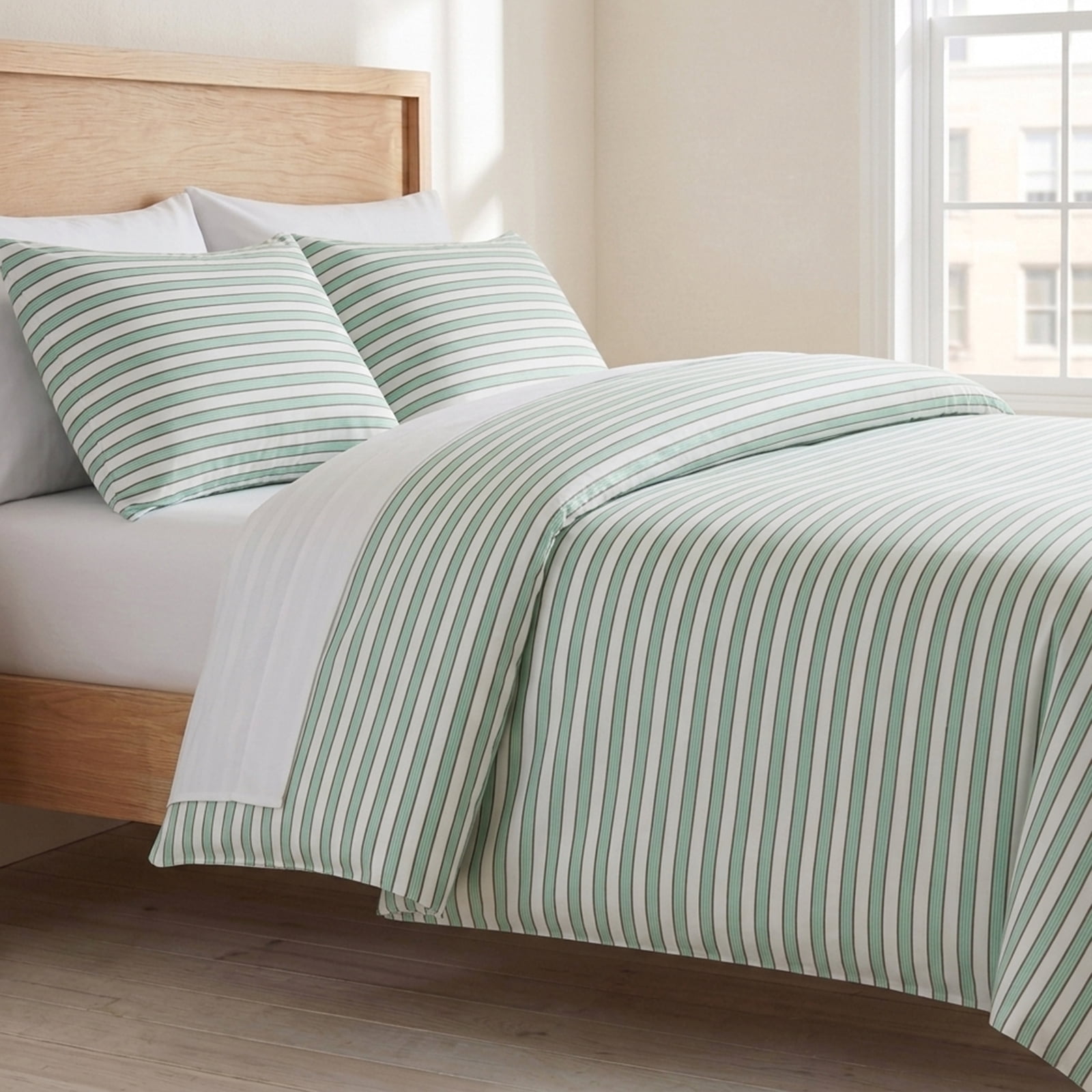 Cotton Striped Duvet Cover Set Queen Size,Sage Green Ticking Stripe Duvet Cover,100% Cotton Silky-Smooth Sateen Weave 3 Pcs Luxury Farmhouse & Cottagecore Bedding Set for All Seasons