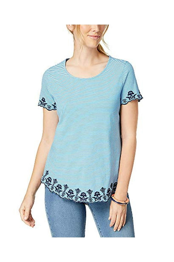 Cotton Striped Embroidered T-Shirt French Blue Combo S