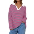 thumbnail image 1 of Cotton Striped Sweatshirts Tops Color Block Collared V Neck Dropped Long Sleeve Fall Spring Casual Pullover (L, Hot Pink), 1 of 6