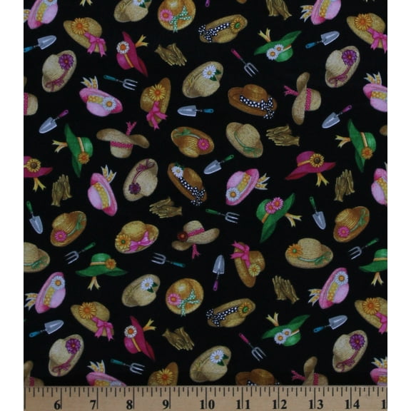 Cotton Sun Hats Straw Hats Allover Gardening Trowels Gloves Spring Garden Country Chic A Gardening We Grow Cotton Fabric Print by the Yard (1819-86499-J)