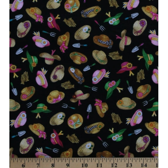 Cotton Sun Hats Straw Hats Allover Gardening Trowels Gloves Spring Garden Country Chic A Gardening We Grow Cotton Fabric Print by the Yard (1819-86499-J)