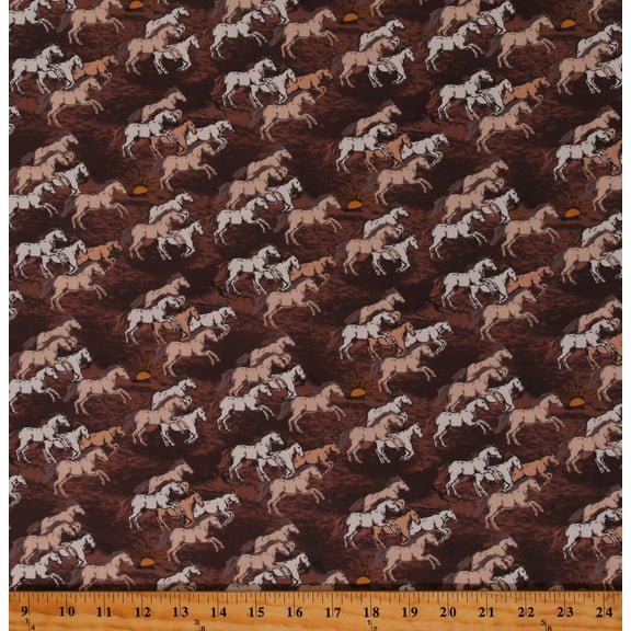 Cotton Sundance Southwestern Wild Horses Sunshine Galloping Animals Suns Mountains Running Brown Cotton Fabric Print by the Yard (53109-2)