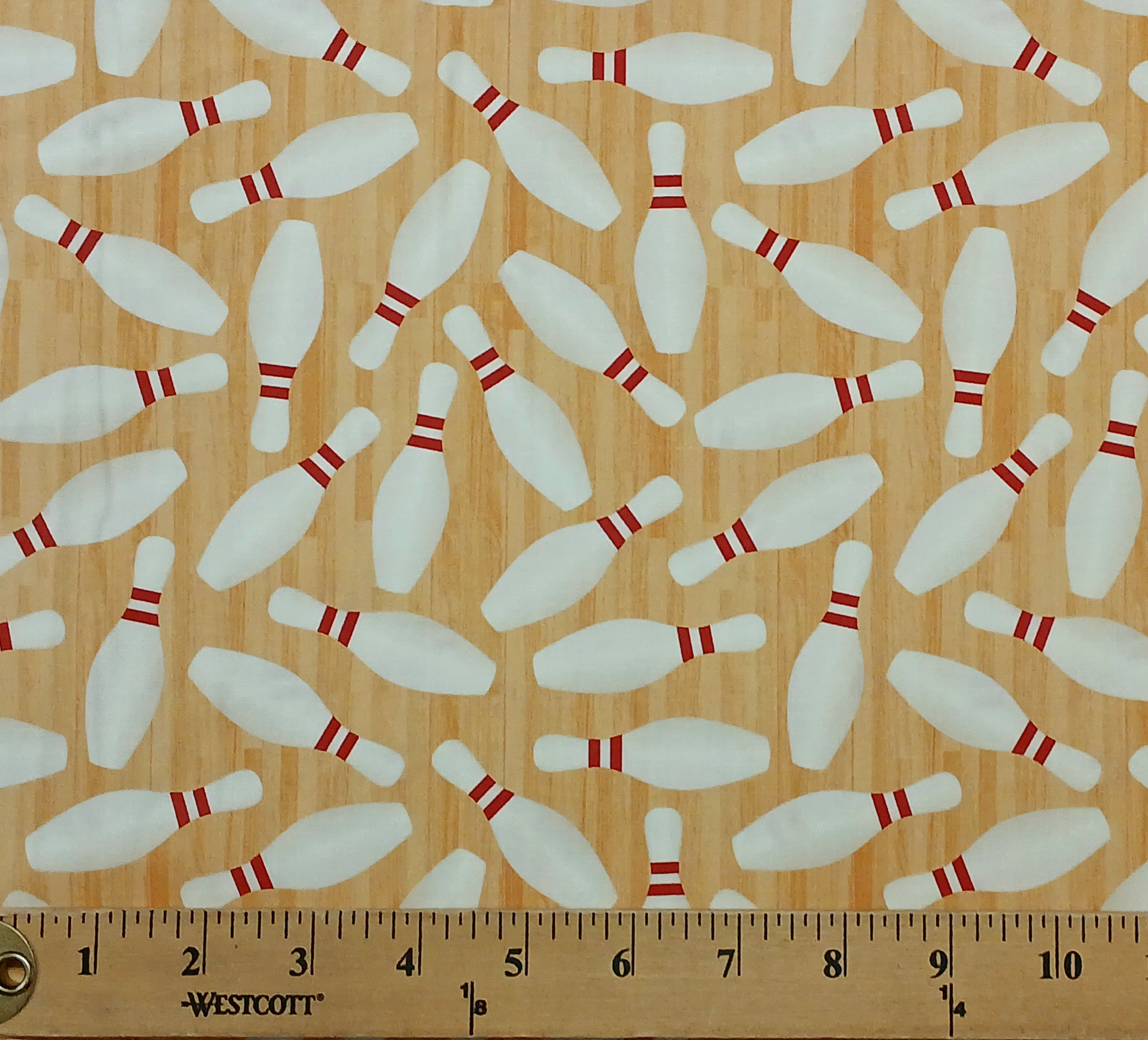 Mook Fabrics Cotton Sports Bowling Pins Print - White Fabric By The Yard