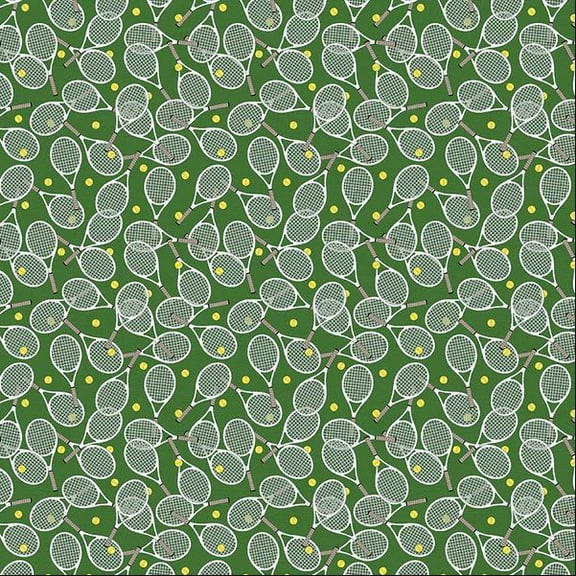 Cotton Super Sports Green Tennis Racket Tennis Ball Sports Paintbrush Studio Cotton Fabric Print by the Yard (112-1080)