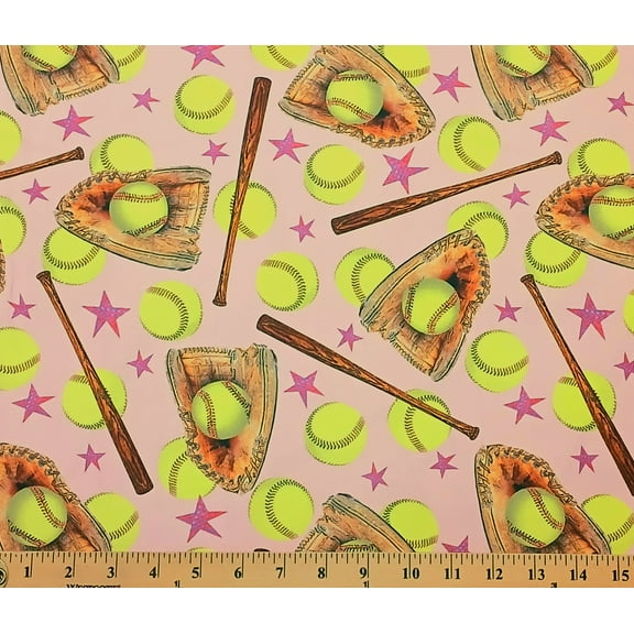 Cotton Super Sports Pink Softball Glove Bat Sports Paintbrush Studio Cotton Fabric Print by the Yard (112-1072)
