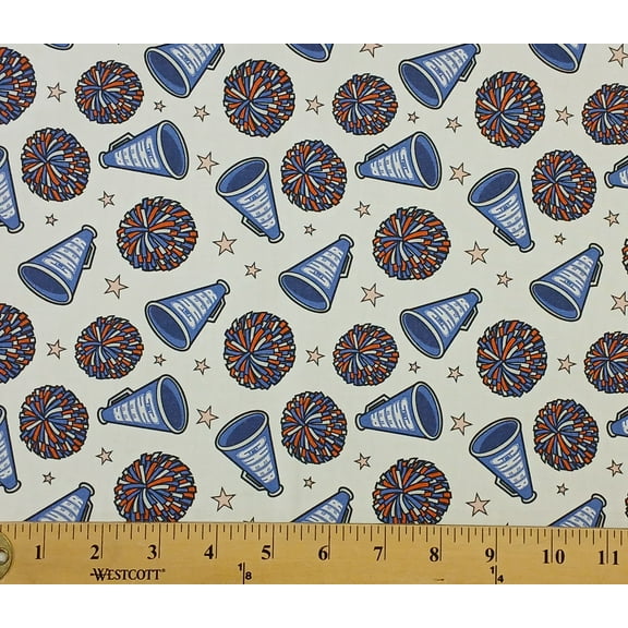 Cotton Super Sports White Cheerleading Pom Poms Cheer Sports Paintbrush Studio Cotton Fabric Print by the Yard (112-0967)